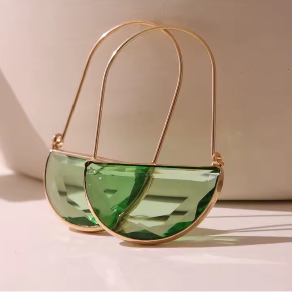Anthropologie Jewelry - Anthropologie Light Green Glass Crescent Hoop Gold Earrings